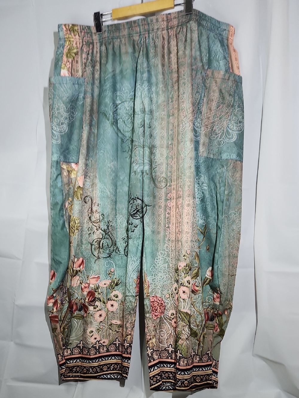 Floral Print Boho Lightweight Wide-Leg Pants — Teal & Pink - 6XL